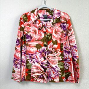 Chicos Jacket Womens 2 US L Purple Green Orange Floral Button Up Pockets Stretch